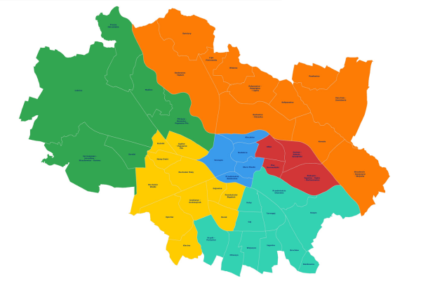 mapa Wroclawia podzielona na 5 czesci, z ktorych kazda oznaczona jest innym kolorem. Kazdą z tych części obsługuje jeden zespół terenowy